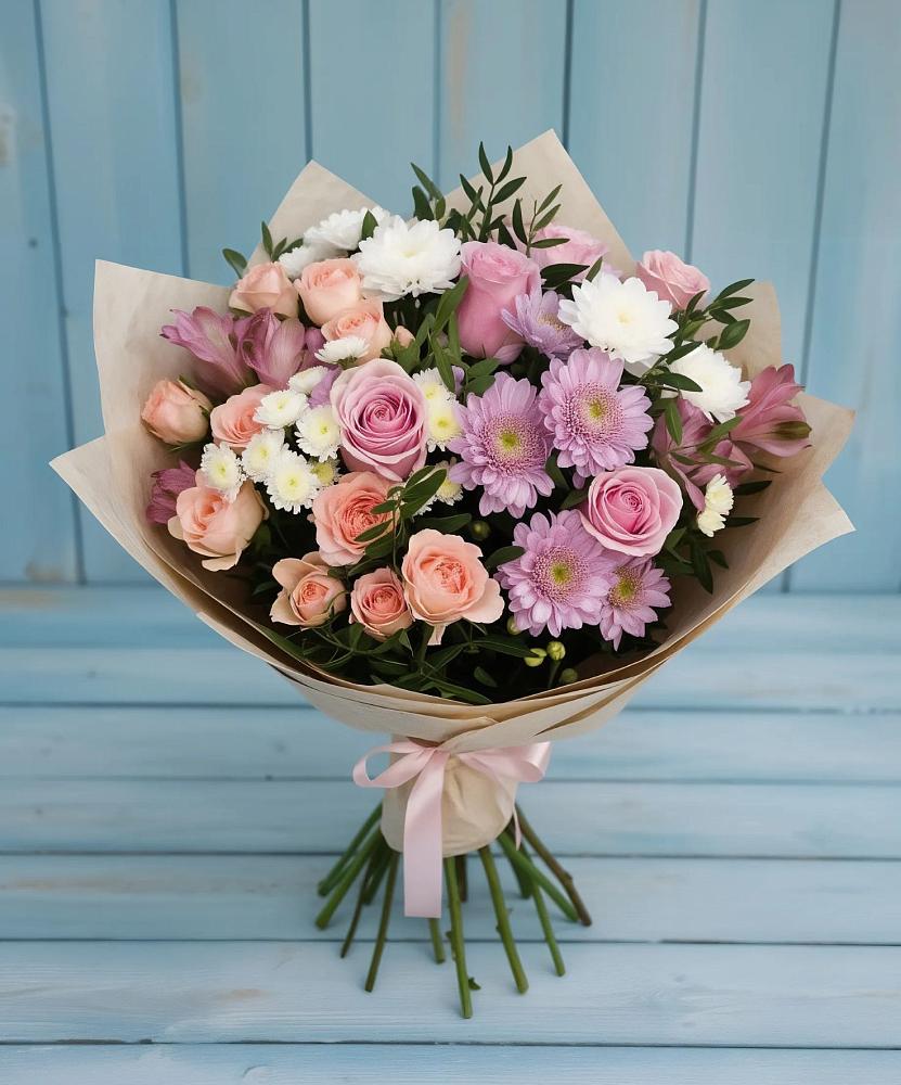 Букет цветов из: Хризантемы, Розы и Альстромерии в Амурзете