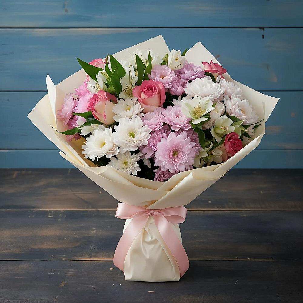 Букет цветов из: Хризантемы, Альстромерии и Розы в Амурзете